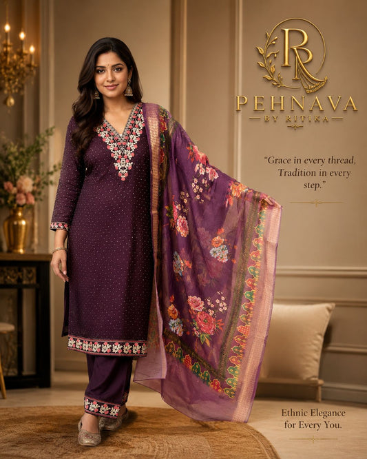 Deep Purple Embroidered Kurta Pant Set with Floral Printed Organza Dupatta for Women.