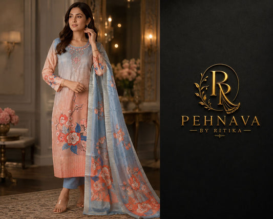 Peach & Sky Blue Floral Printed Kurta Pant Set with Matching Dupatta for Women.