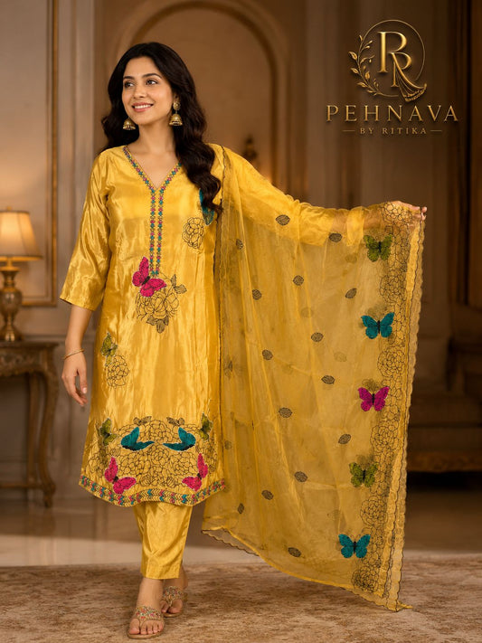 Mustard Yellow Butterfly Printed Kurta Pant Set with Organza Dupatta for Women.