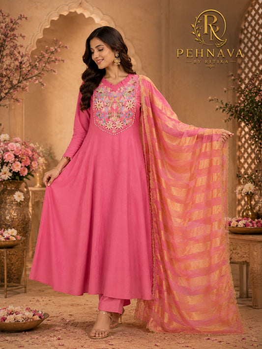 Rani Pink Floral Embroidered Kurta Pant Set with Organza Dupatta for Women.