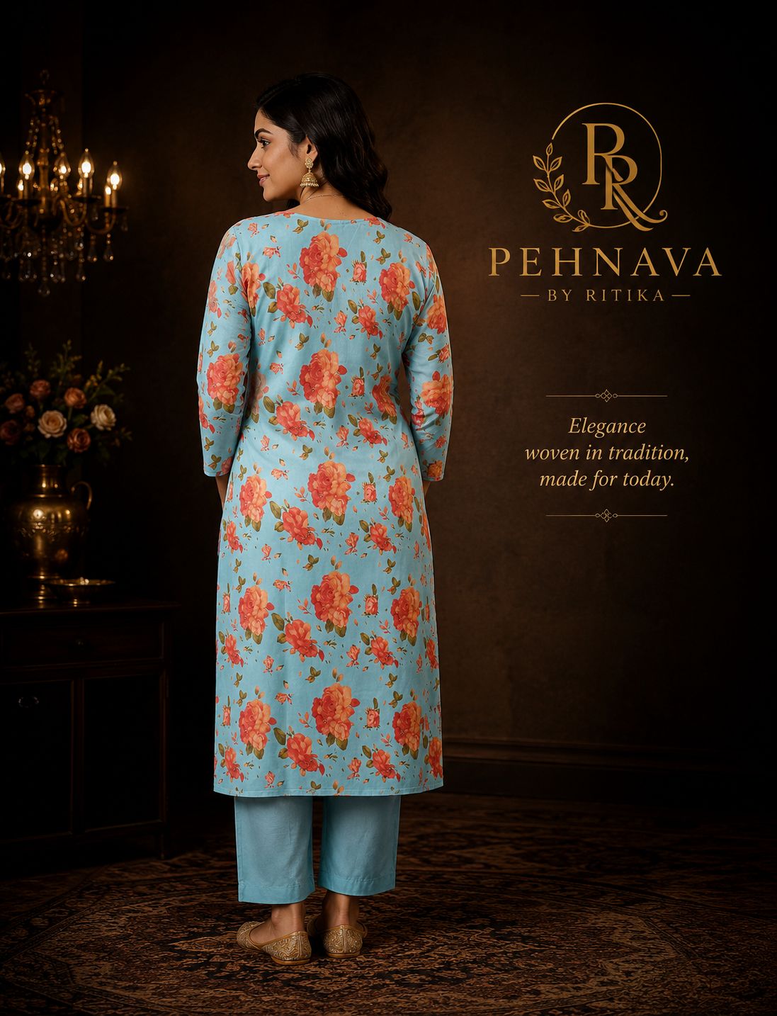 Sky Blue Floral Printed Kurta Pant Set with Matching Dupatta for Women.