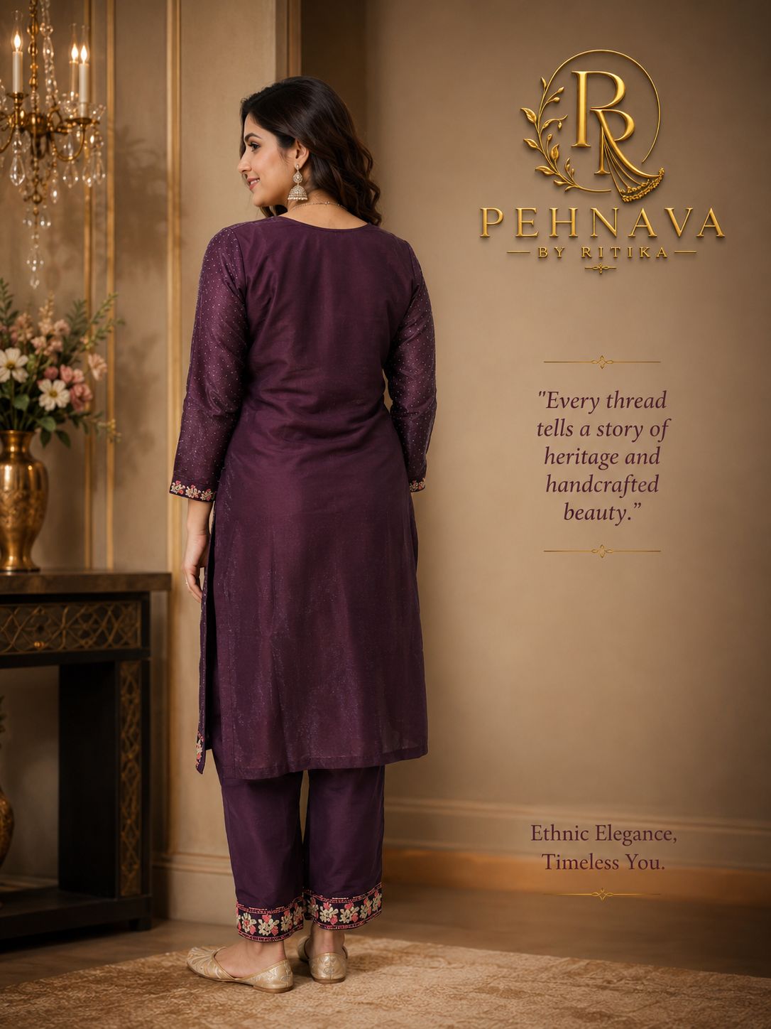 Deep Purple Embroidered Kurta Pant Set with Floral Printed Organza Dupatta for Women.