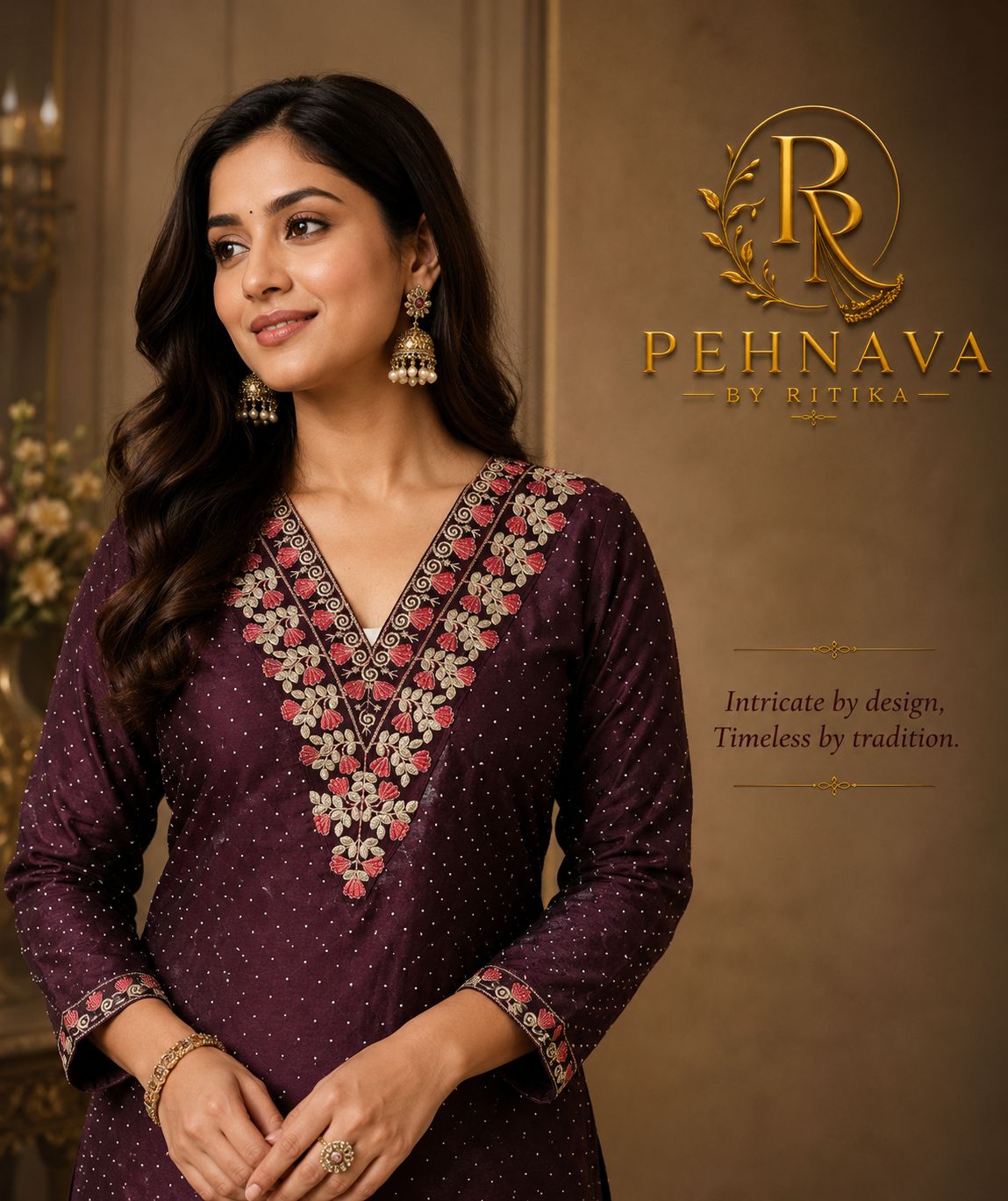 Deep Purple Embroidered Kurta Pant Set with Floral Printed Organza Dupatta for Women.