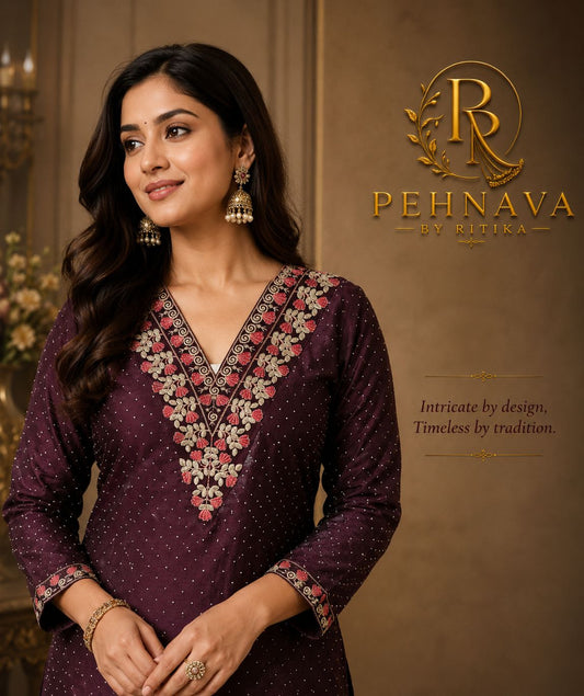Deep Purple Embroidered Kurta Pant Set with Floral Printed Organza Dupatta for Women.