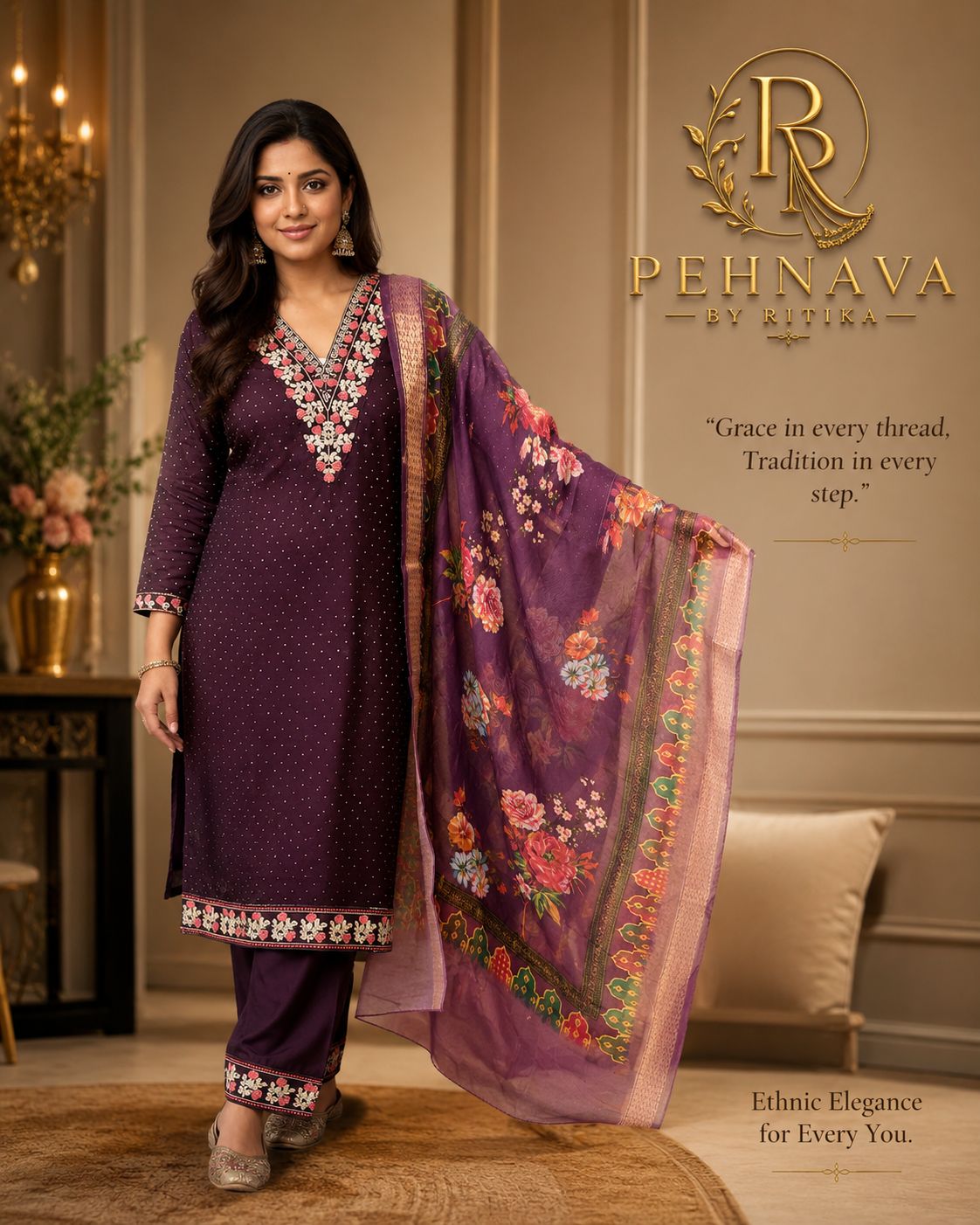 Deep Purple Embroidered Kurta Pant Set with Floral Printed Organza Dupatta for Women.