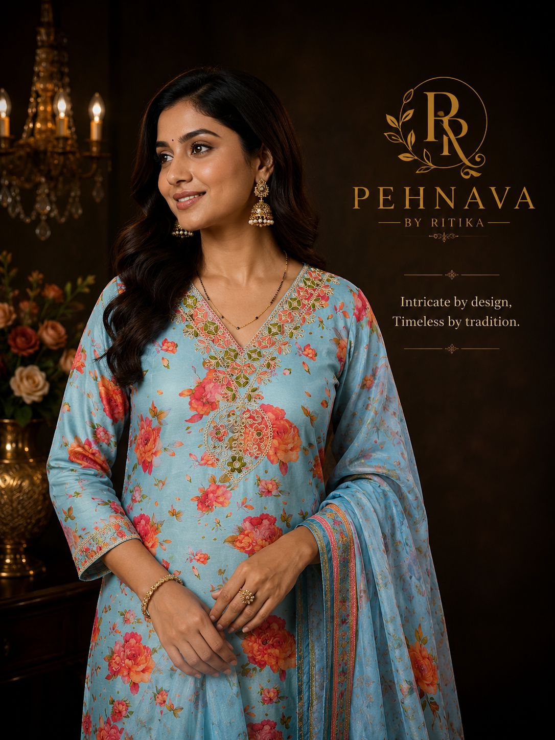 Sky Blue Floral Printed Kurta Pant Set with Matching Dupatta for Women.