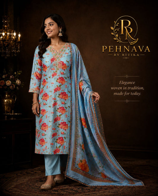 Sky Blue Floral Printed Kurta Pant Set with Matching Dupatta for Women.