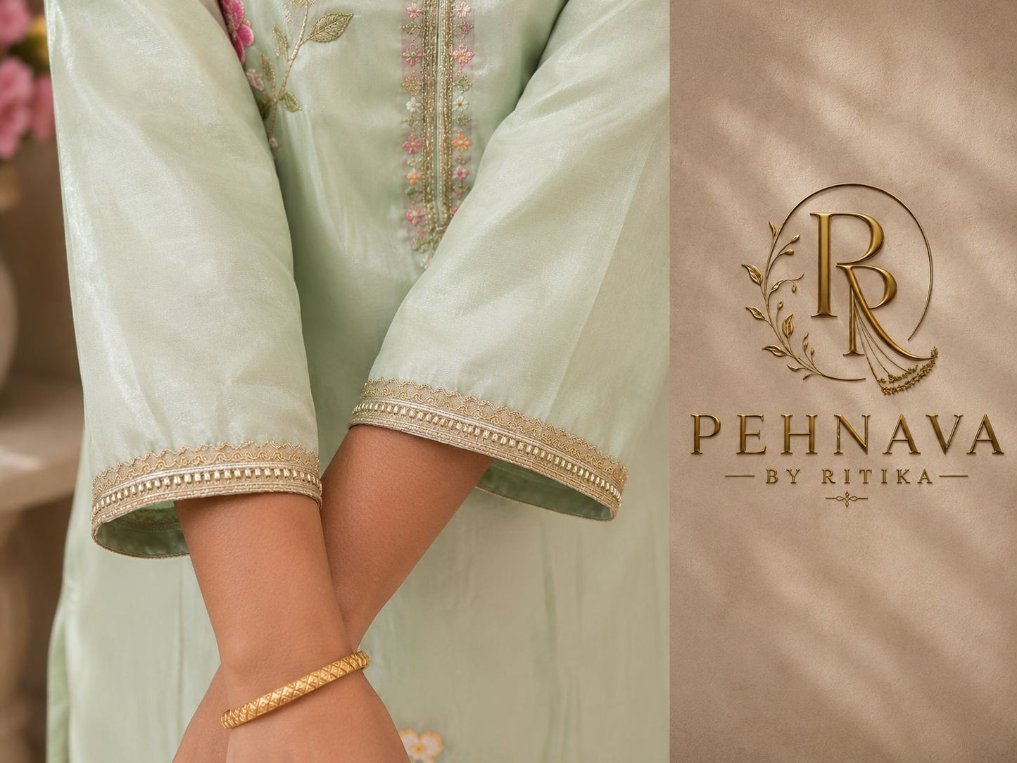 Mint Green Floral Embroidered Kurta Pant Set with Organza Dupatta for Women.