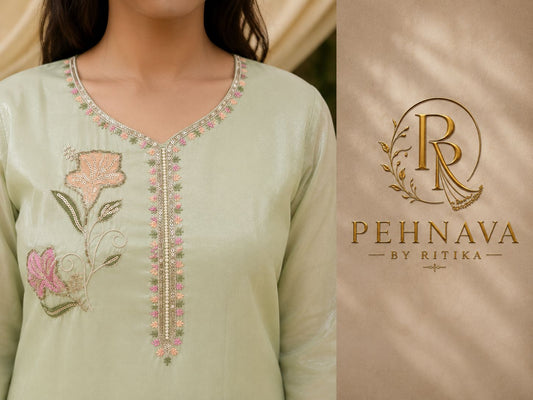 Mint Green Floral Embroidered Kurta Pant Set with Organza Dupatta for Women.