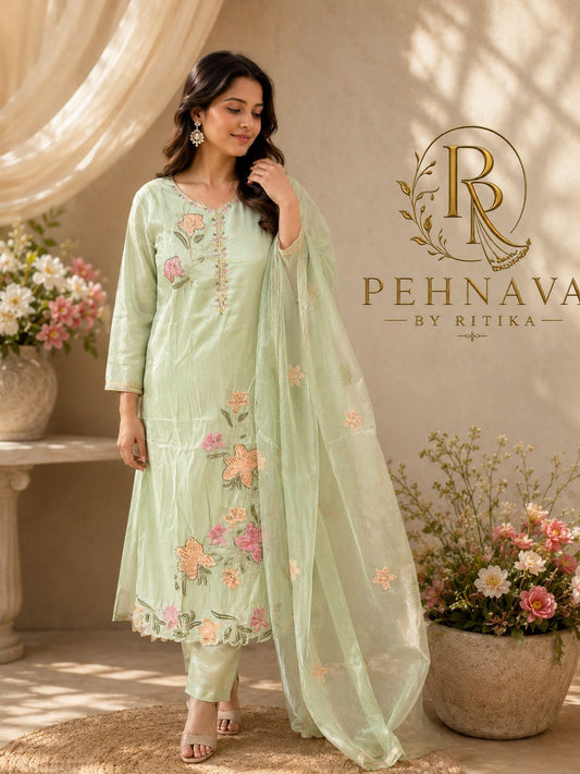 Mint Green Floral Embroidered Kurta Pant Set with Organza Dupatta for Women.