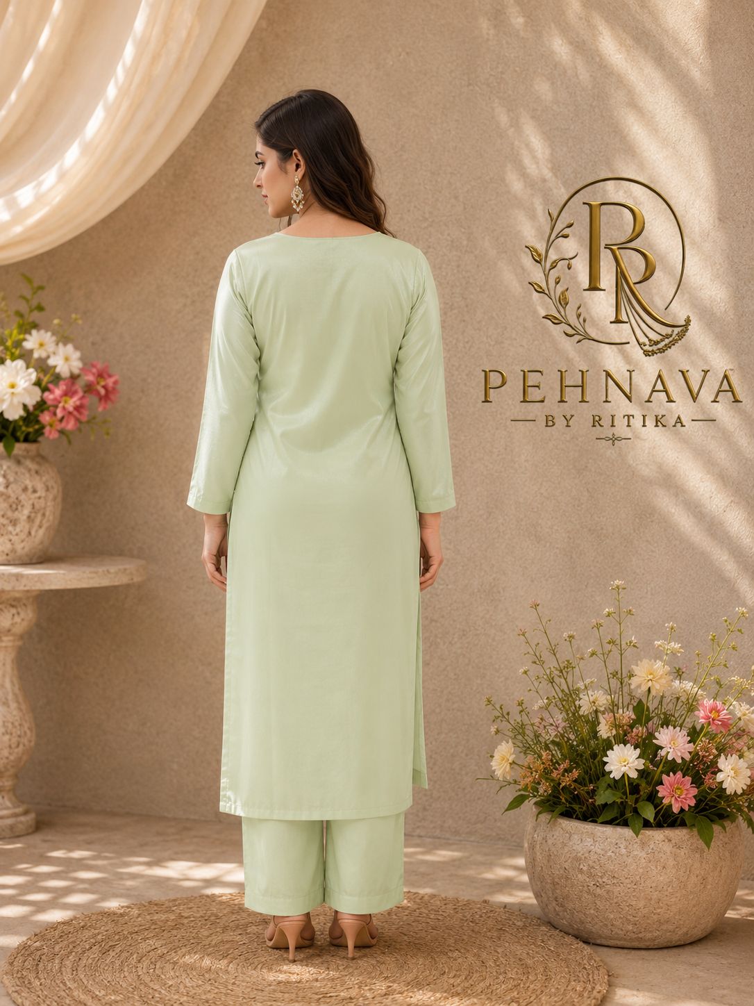 Mint Green Floral Embroidered Kurta Pant Set with Organza Dupatta for Women.