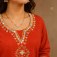 Rust Orange Embroidered Kurta Pant Set with Floral Organza Dupatta for Women.