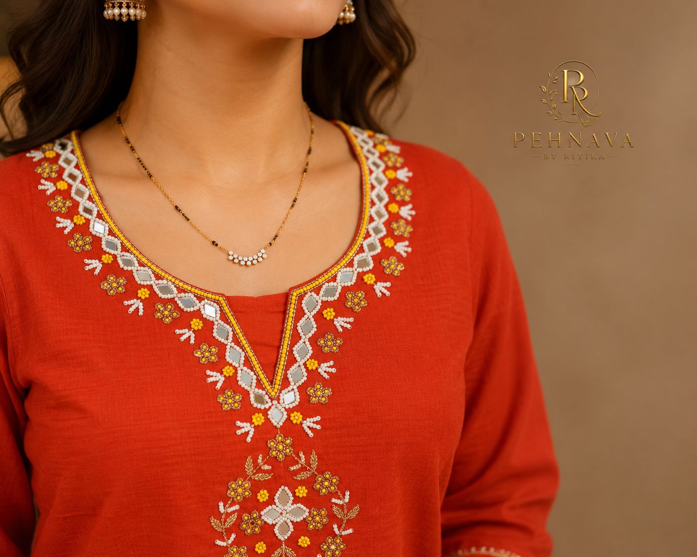 Rust Orange Embroidered Kurta Pant Set with Floral Organza Dupatta for Women.