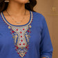 Royal Blue Embroidered Kurta Pant Set with Floral Organza Dupatta for Women.