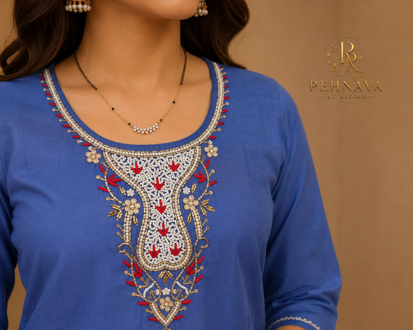 Royal Blue Embroidered Kurta Pant Set with Floral Organza Dupatta for Women.