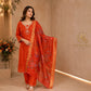 Rust Orange Embroidered Kurta Pant Set with Floral Organza Dupatta for Women.