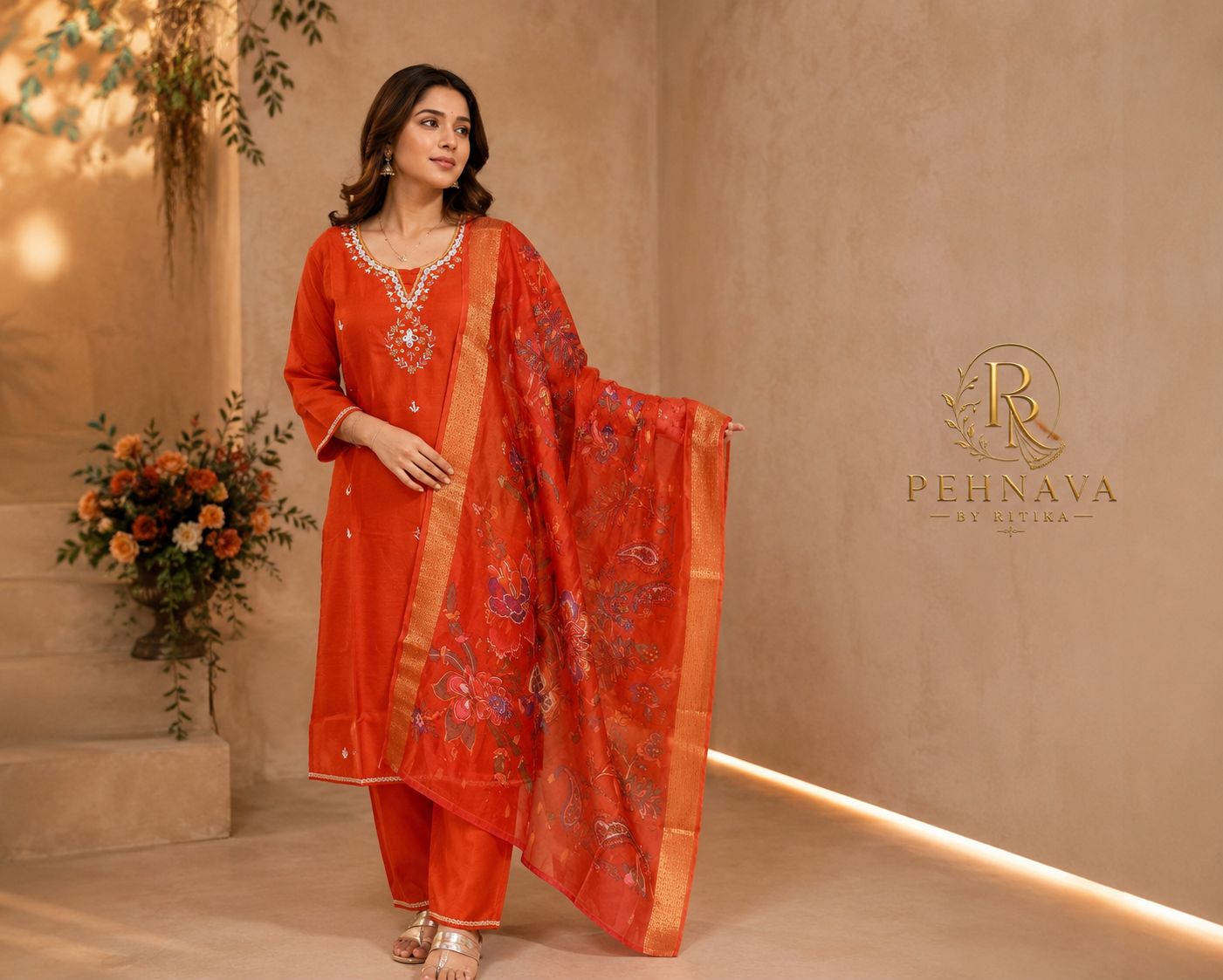 Rust Orange Embroidered Kurta Pant Set with Floral Organza Dupatta for Women.