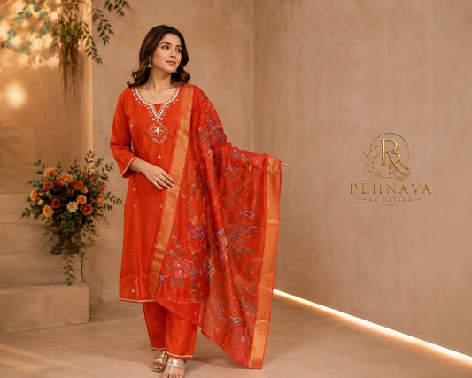 Rust Orange Embroidered Kurta Pant Set with Floral Organza Dupatta for Women.