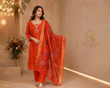 Rust Orange Embroidered Kurta Pant Set with Floral Organza Dupatta for Women.