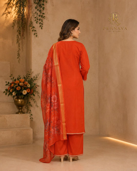 Rust Orange Embroidered Kurta Pant Set with Floral Organza Dupatta for Women.