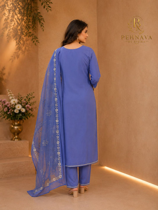Royal Blue Embroidered Kurta Pant Set with Floral Organza Dupatta for Women.