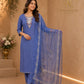 Royal Blue Embroidered Kurta Pant Set with Floral Organza Dupatta for Women.