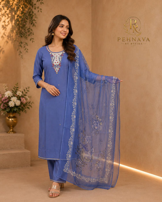 Royal Blue Embroidered Kurta Pant Set with Floral Organza Dupatta for Women.