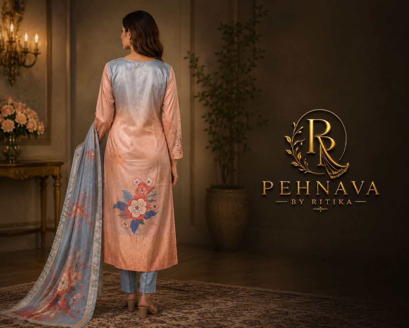 Peach & Sky Blue Floral Printed Kurta Pant Set with Matching Dupatta for Women.