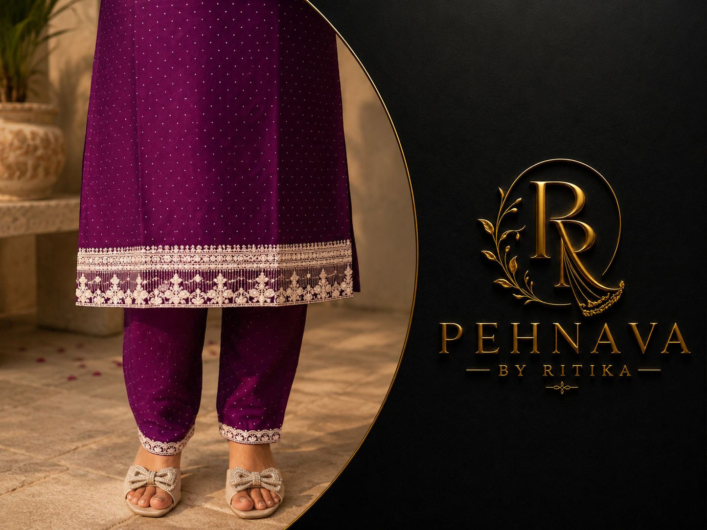 Wine Purple Embroidered Kurta Pant Set with Chiffon Dupatta for Women.