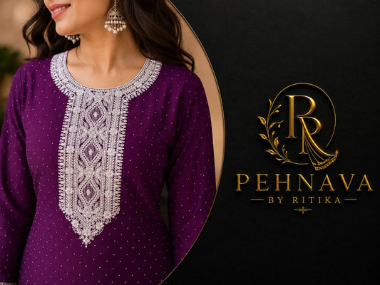 Wine Purple Embroidered Kurta Pant Set with Chiffon Dupatta for Women.