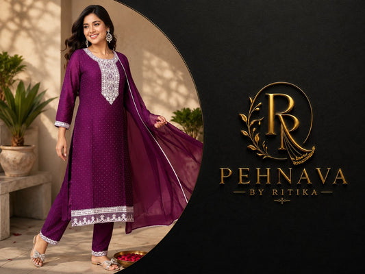 Wine Purple Embroidered Kurta Pant Set with Chiffon Dupatta for Women.