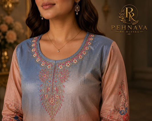 Peach & Sky Blue Floral Printed Kurta Pant Set with Matching Dupatta for Women.