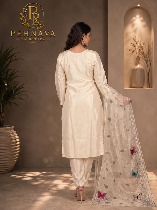 Off White Butterfly Printed Kurta Pant Set with Organza Dupatta for Women.