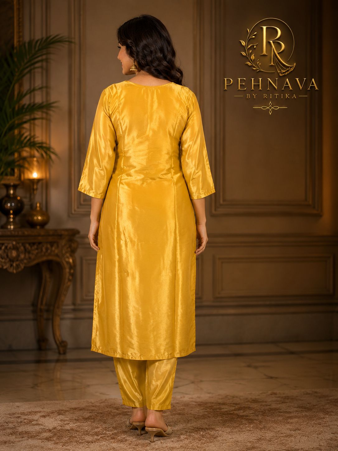 Mustard Yellow Butterfly Printed Kurta Pant Set with Organza Dupatta for Women.