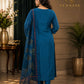 Teal Blue Embroidered Kurta Pant Set with Organza Floral Dupatta for Women.