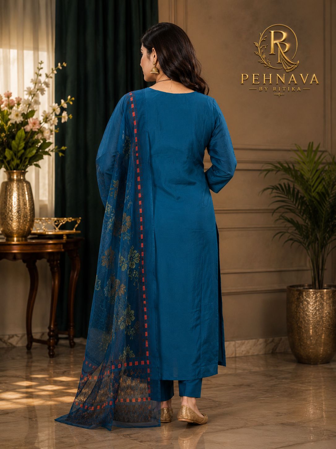 Teal Blue Embroidered Kurta Pant Set with Organza Floral Dupatta for Women.