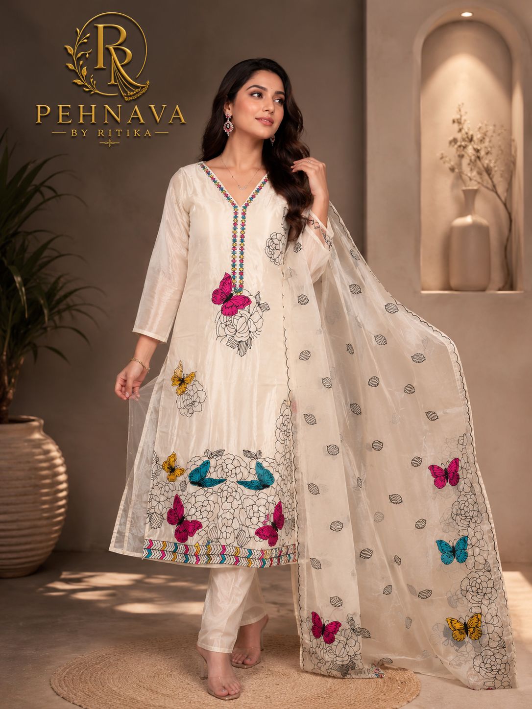 Off White Butterfly Printed Kurta Pant Set with Organza Dupatta for Women.