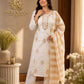 Off White Embroidered Kurta Pant Set with Beige Striped Dupatta for Women.