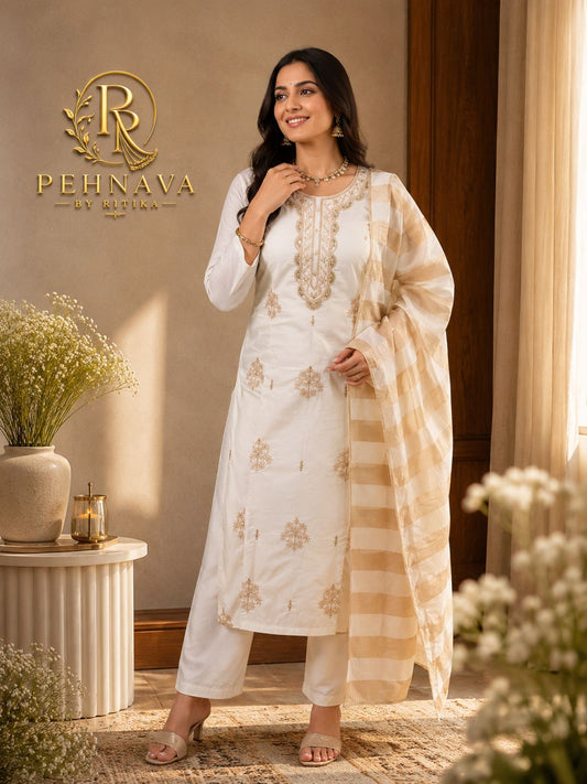 Off White Embroidered Kurta Pant Set with Beige Striped Dupatta for Women.