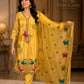 Pastel Yellow Embroidered Kurta Pant Set with Pink Chikankari Dupatta for Women.