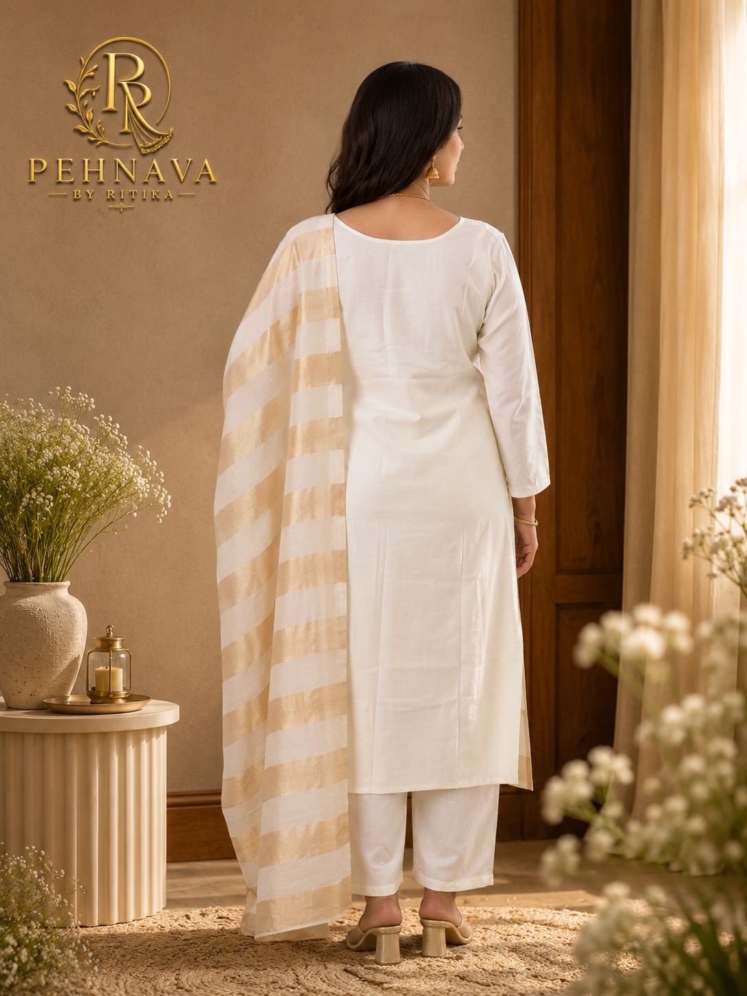 Off White Embroidered Kurta Pant Set with Beige Striped Dupatta for Women.