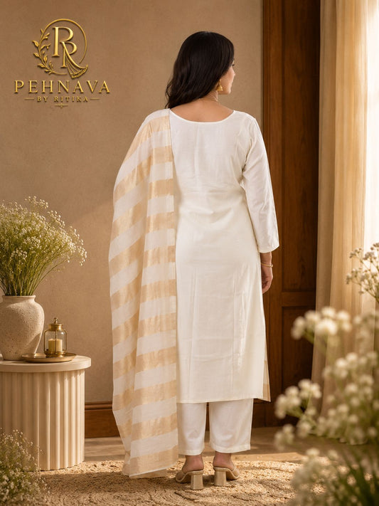 Off White Embroidered Kurta Pant Set with Beige Striped Dupatta for Women.