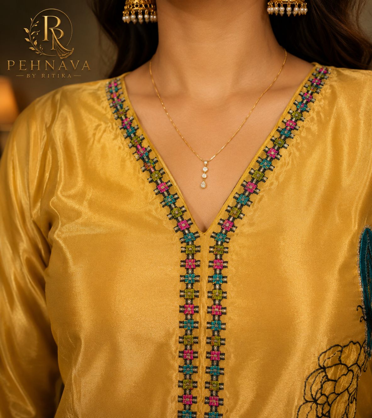 Mustard Yellow Butterfly Printed Kurta Pant Set with Organza Dupatta for Women.