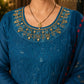 Teal Blue Embroidered Kurta Pant Set with Organza Floral Dupatta for Women.