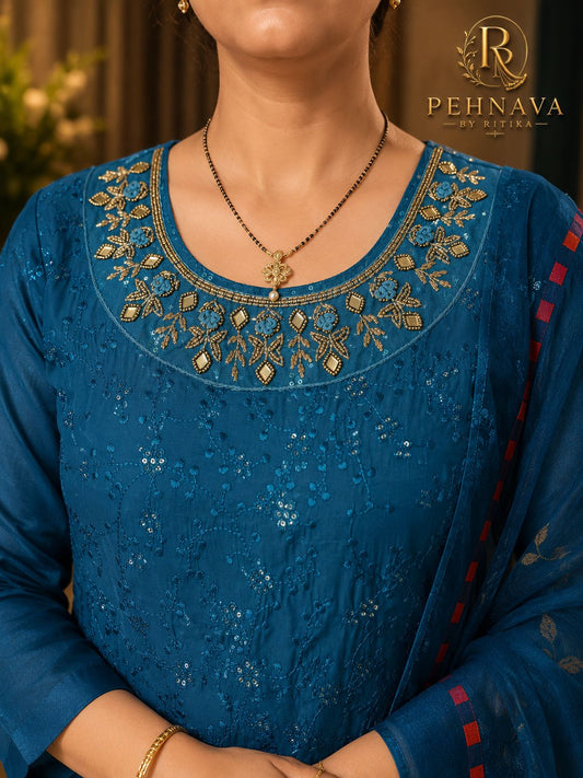 Teal Blue Embroidered Kurta Pant Set with Organza Floral Dupatta for Women.