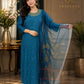Teal Blue Embroidered Kurta Pant Set with Organza Floral Dupatta for Women.