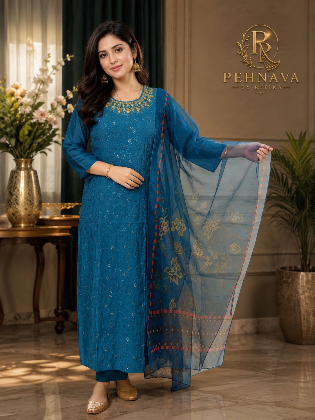 Teal Blue Embroidered Kurta Pant Set with Organza Floral Dupatta for Women.