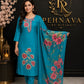 Turquoise Blue Floral Printed Kurta Pant Set with Embroidered Neckline and Matching Dupatta for Women.