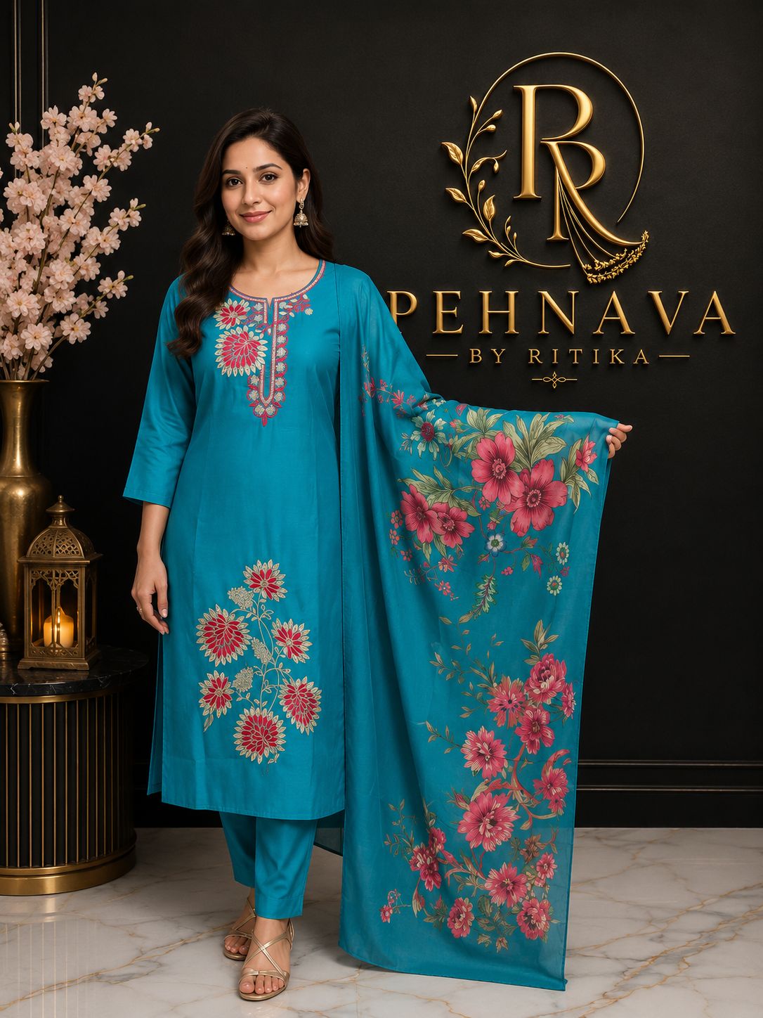 Turquoise Blue Floral Printed Kurta Pant Set with Embroidered Neckline and Matching Dupatta for Women.