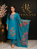 Turquoise Blue Floral Printed Kurta Pant Set with Embroidered Neckline and Matching Dupatta for Women.
